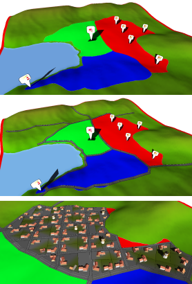 Layouting process of a bay village scene